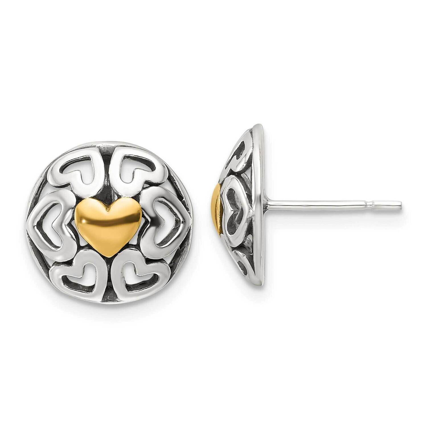 Gold-Tone Polished &amp; Antiqued Heart Circle Post Earrings Sterling Silver QE17503, MPN: QE17503,