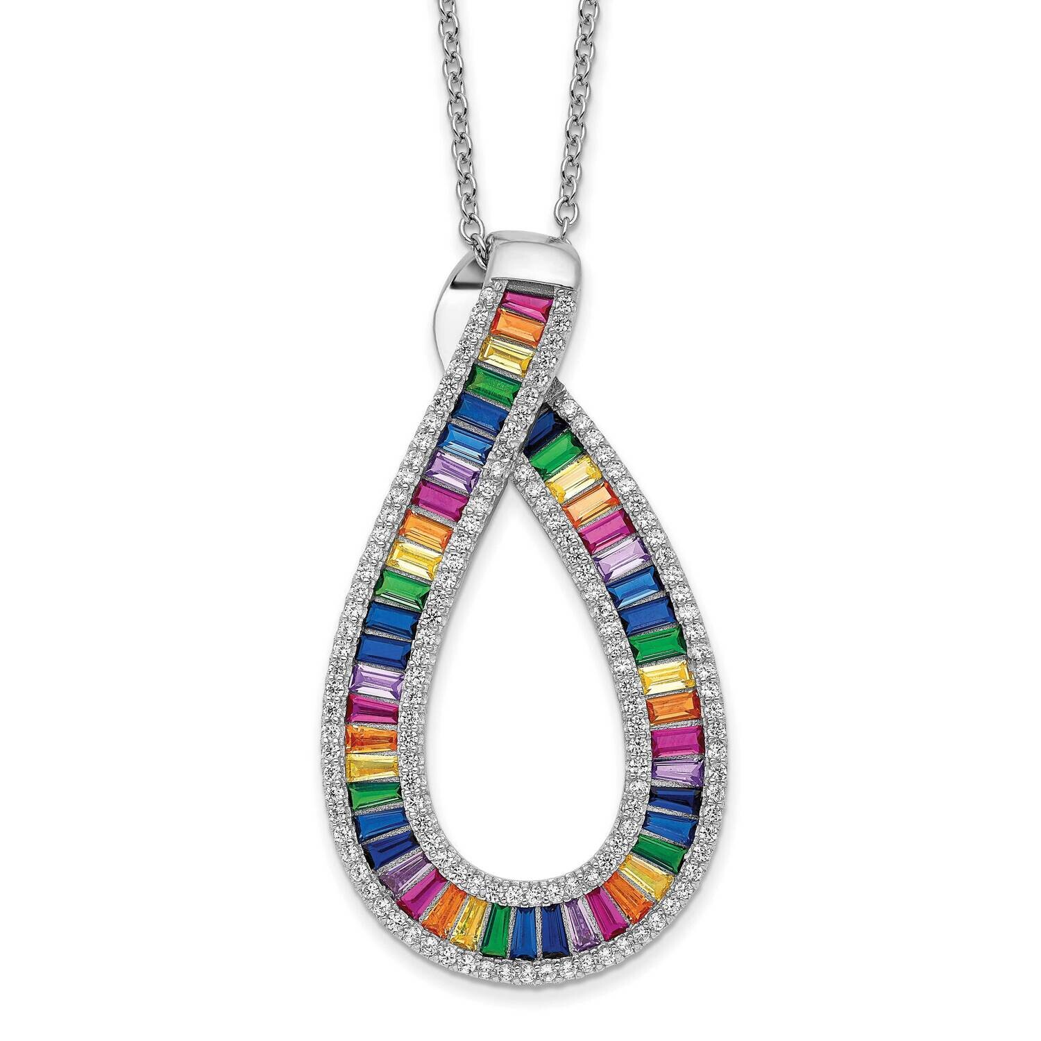 Prizma 16 Inch White Colorful Baguette CZ Pear Shaped Necklace 2 Inch Extender Sterling Silver Rhod…