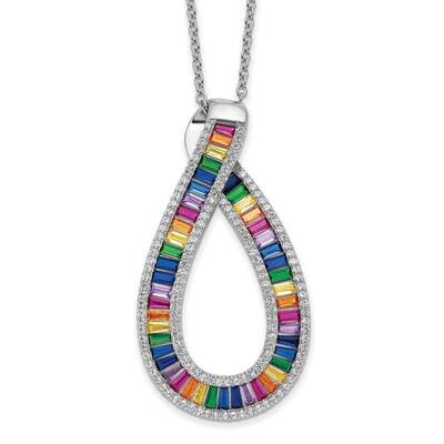 Prizma 16 Inch White Colorful Baguette CZ Pear Shaped Necklace 2 Inch Extender Sterling Silver Rhod…