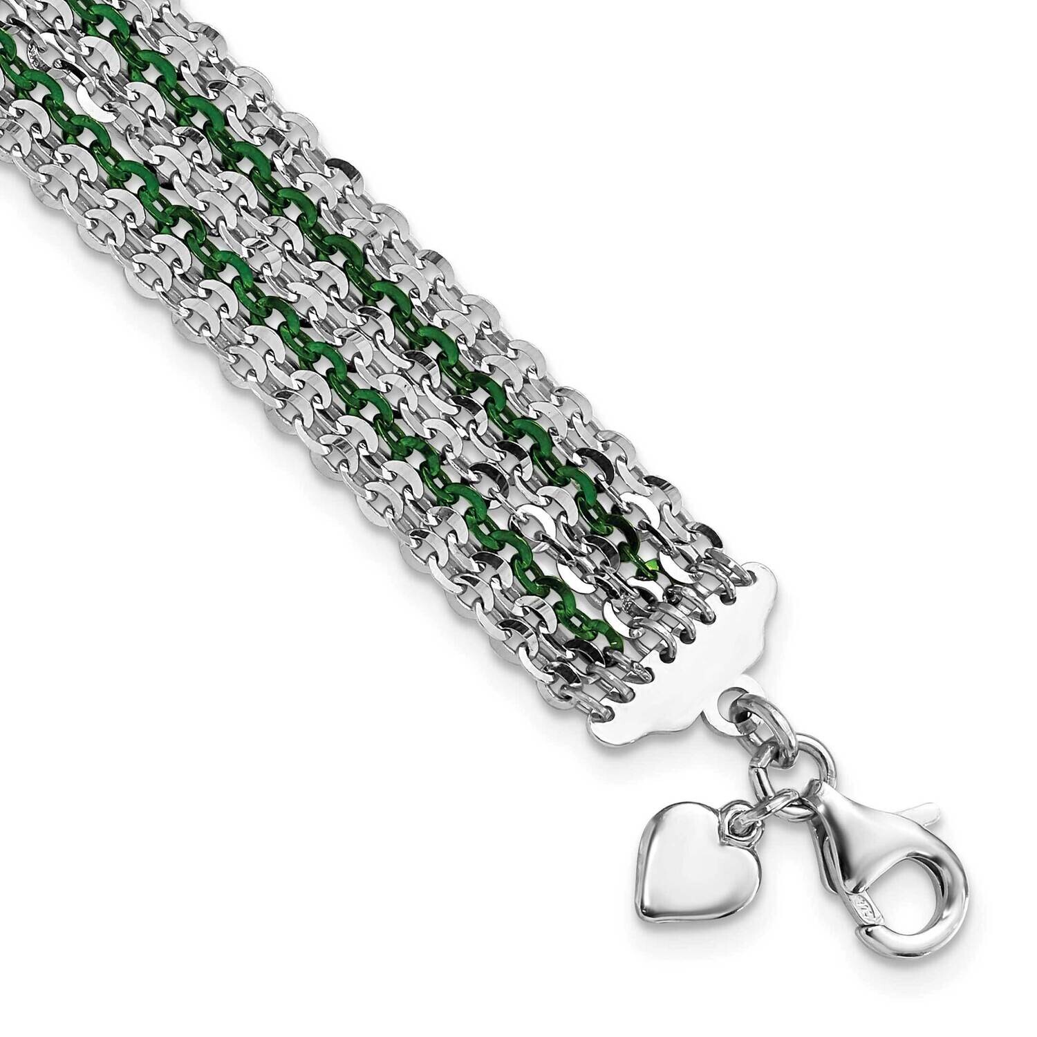 Rhodium &amp; Green-Plated Multi-StrChain Bracelet 7.5 Inch Sterling Silver QH5121-7.5