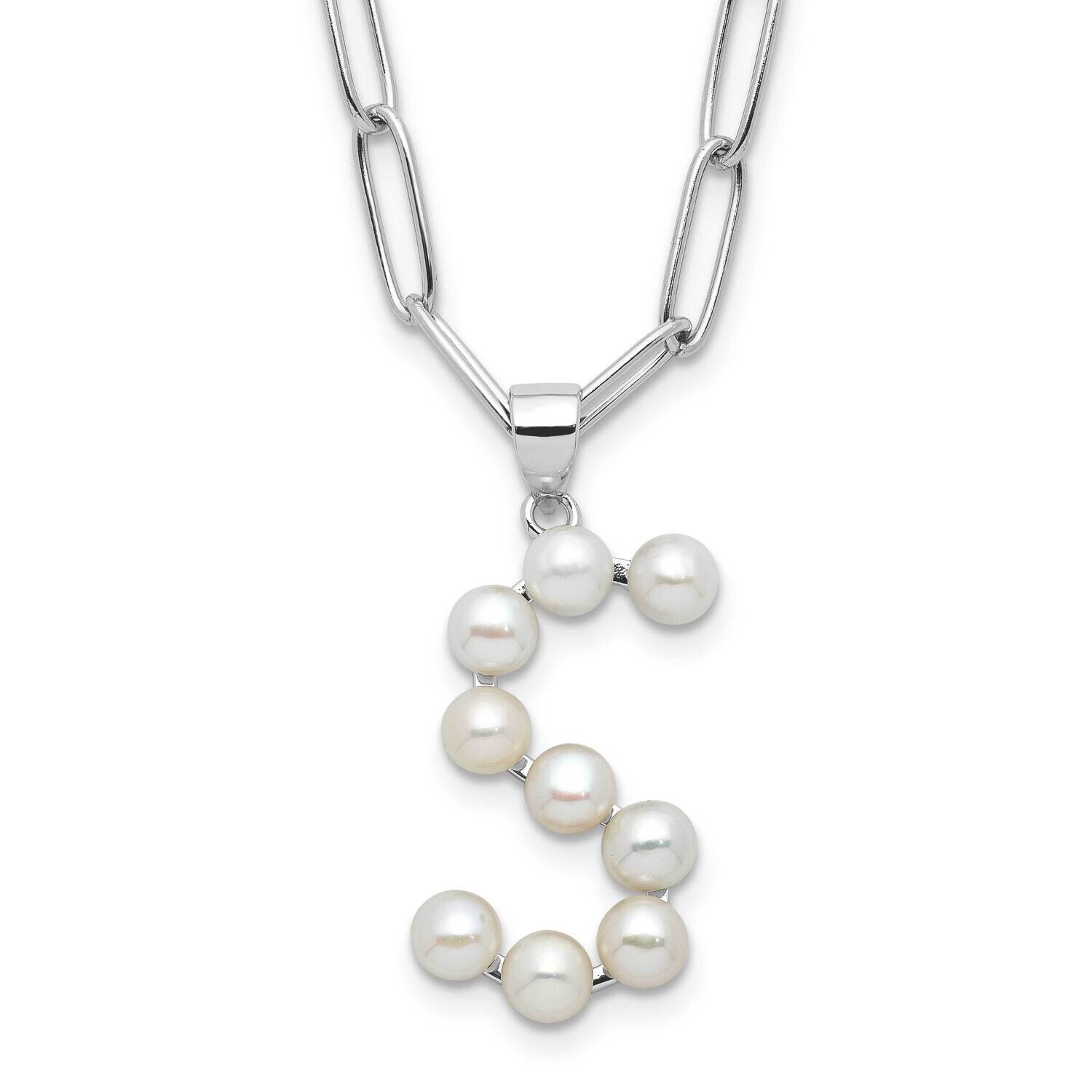 Rh-Plated 3-5.5mm Fwc Pearl Letter S 18 Inch Necklace Sterling Silver QH5808S-18, MPN: QH5808S-18,
