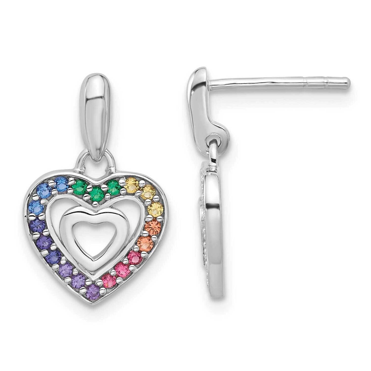 Polished Multi-Color Crystal Double Heart Children&#39;s Post Dangle Earrings Sterling Silver Rhodium-P…