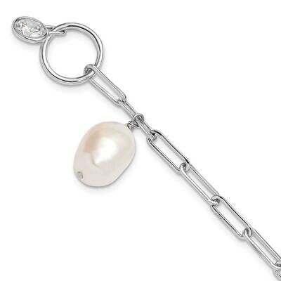 Rhod-Plated Paperclip CZ Fwc Pearl Toggle Bracelet 7.5 Inch Sterling Silver QH5768-7.5, MPN: QH5768…