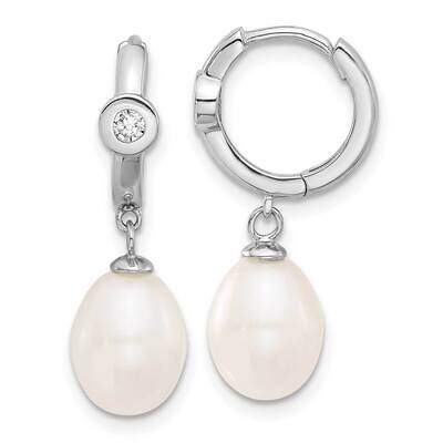 Rh-Pltd 7-8mm Teardrop Fwc Pearl CZ Round Hoop Earrings Sterling Silver QE17238, MPN: QE17238,