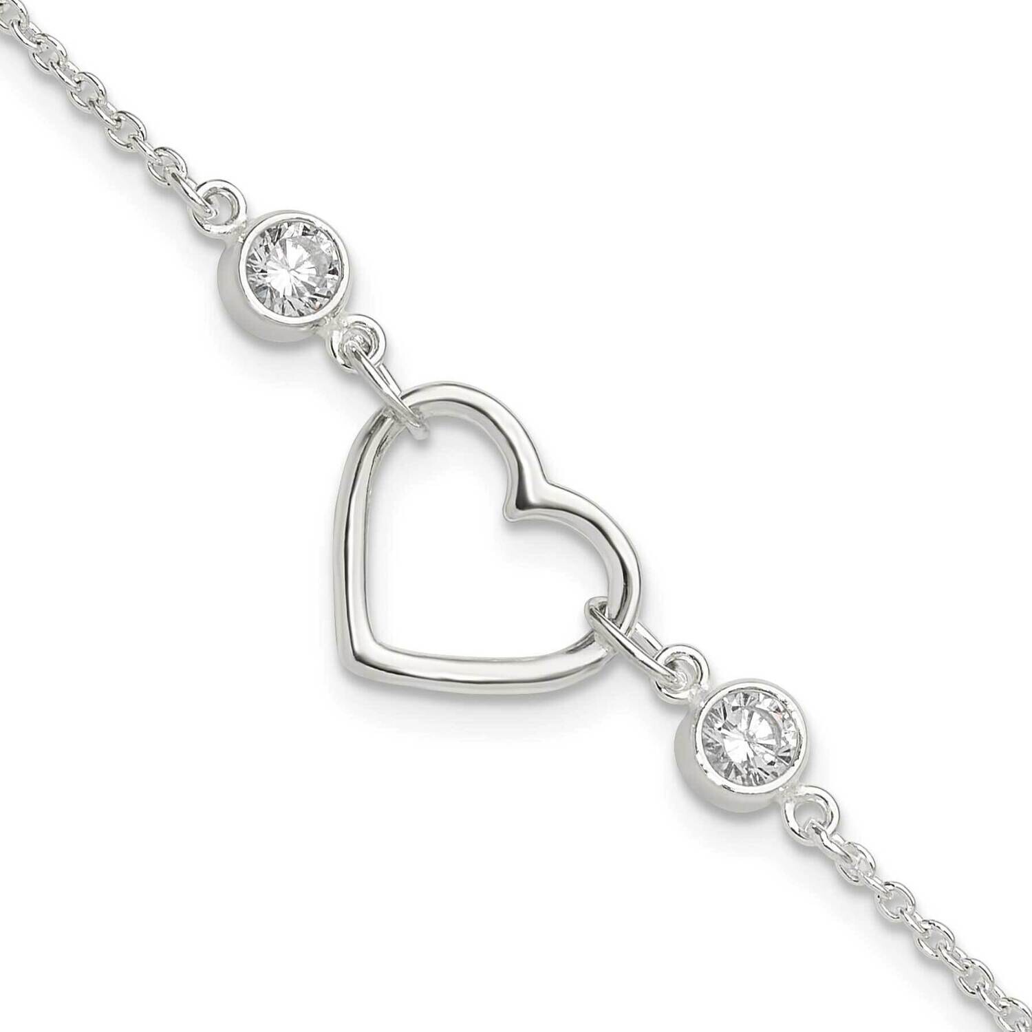 Polished CZ Heart 1 Inch Extension Bracelet Sterling Silver Rhodium-Plated QG6466-7, MPN: QG6466-7,