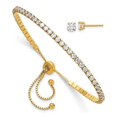 Gold-Tone CZ Adjustable Bracelet Post Earring Set Sterling Silver QG6243GPSET, MPN: QG6243GPSET, 19…