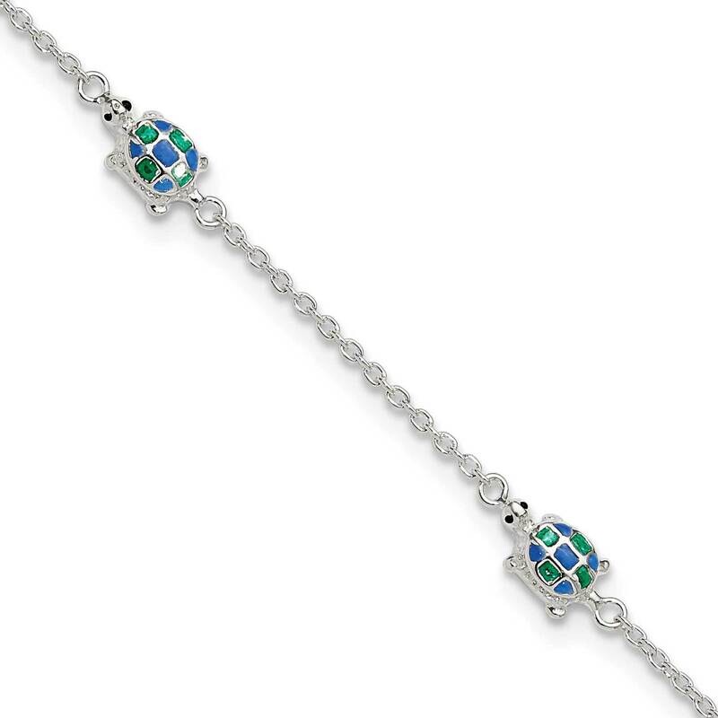 Enamel Turtle 10In Plus 1 Inch Extension Anklet Sterling Silver Polished QG6313-10