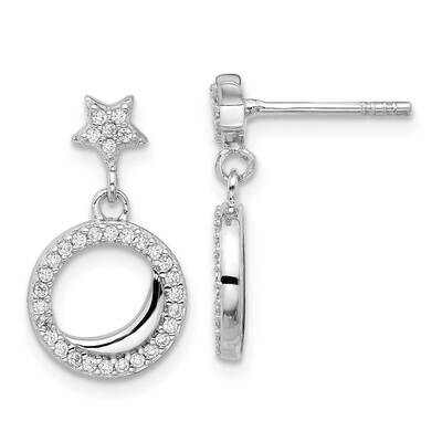 Polished CZ Star Moon Dangle Post Earrings Sterling Silver Rhodium-Plated QE17556, MPN: QE17556,