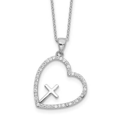 CZ Open Heart Cross 18 Inch Necklace Sterling Silver Rhodium-Plated QG6564-18, MPN: QG6564-18,