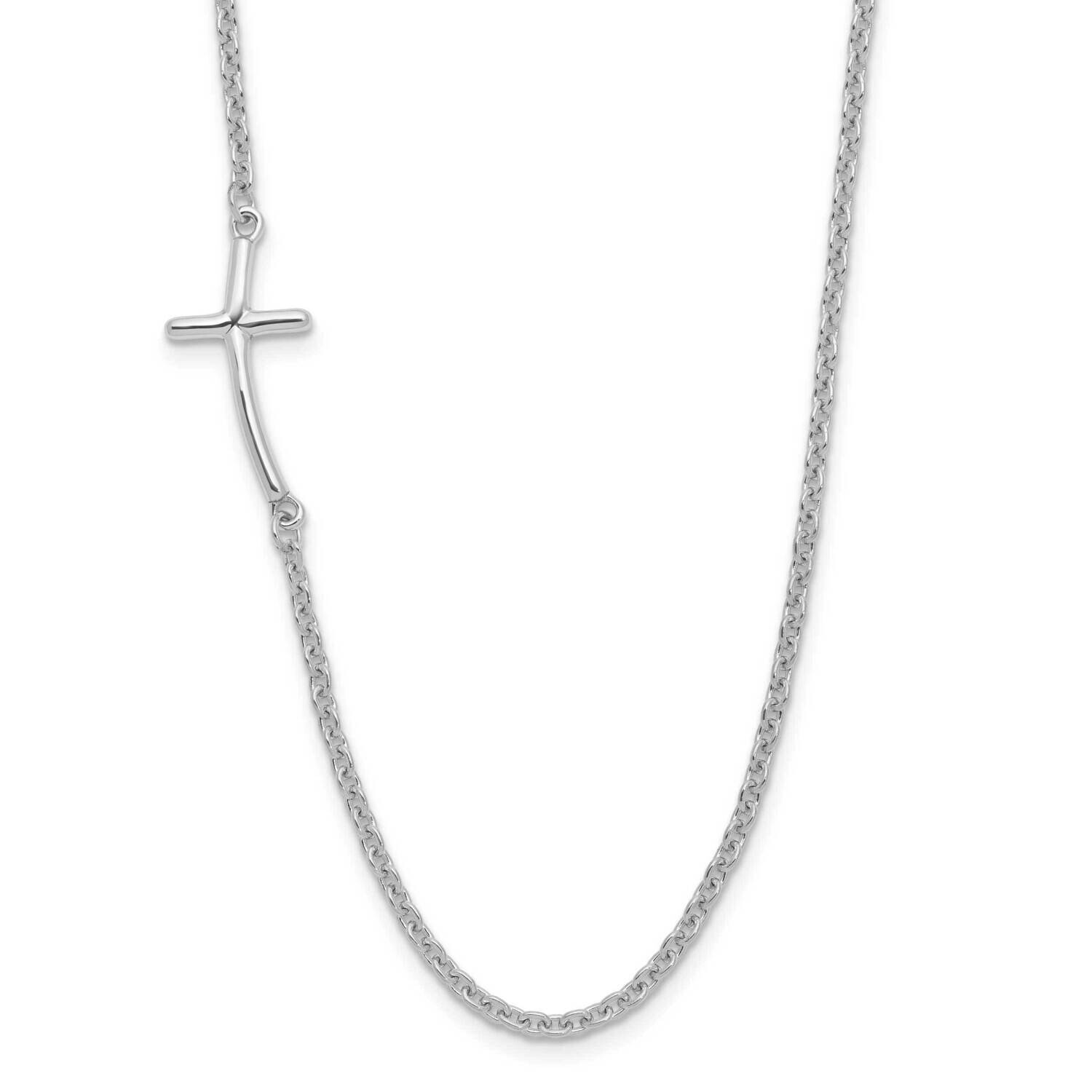 Rh-Plated Small Off-Set Sideways Curved Cross Necklace Sterling Silver QG3465-17