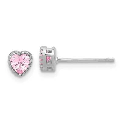 Pink CZ Heart Post Earrings Sterling Silver Rhodium-Plated QE17499, MPN: QE17499,