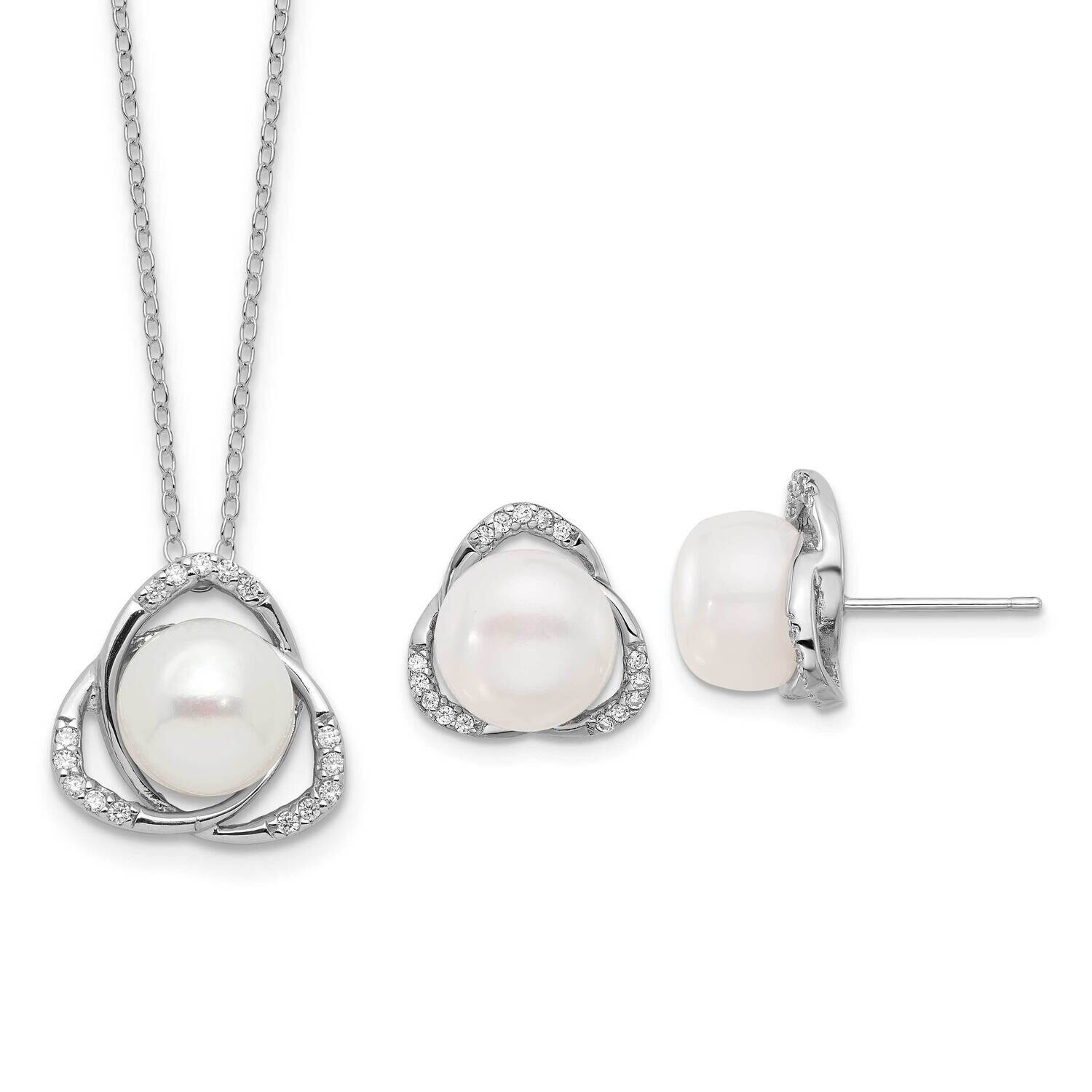 Rh-Plated Fwc Pearl CZ 17 Inch Necklace Post Earrings Set Sterling Silver QH5829SET, MPN: QH5829SET,