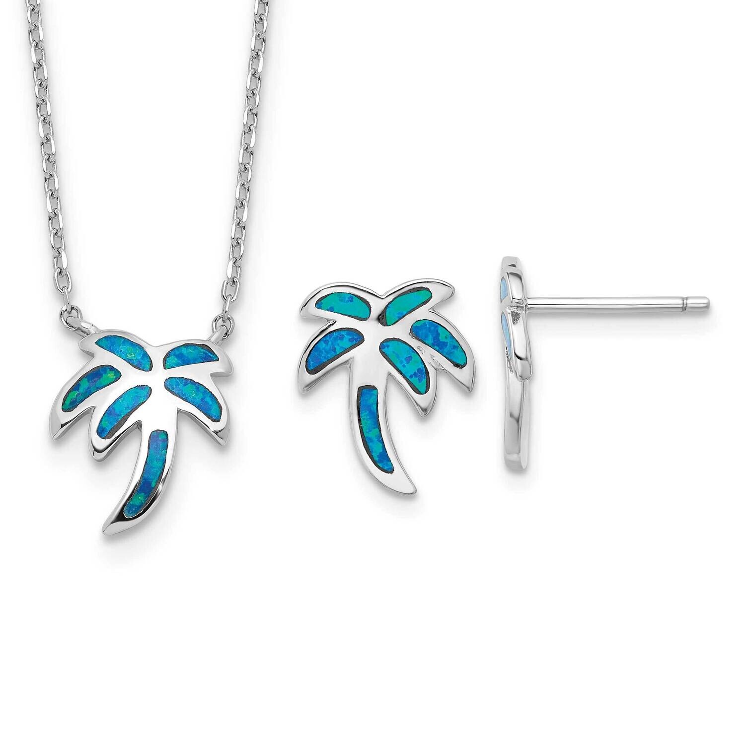 Rh-Pl Cr.Opal Palm Tree 16 Inch Necklace 2 Inch Ext/Earring Set Sterling Silver QG6718SET, MPN: QG6…