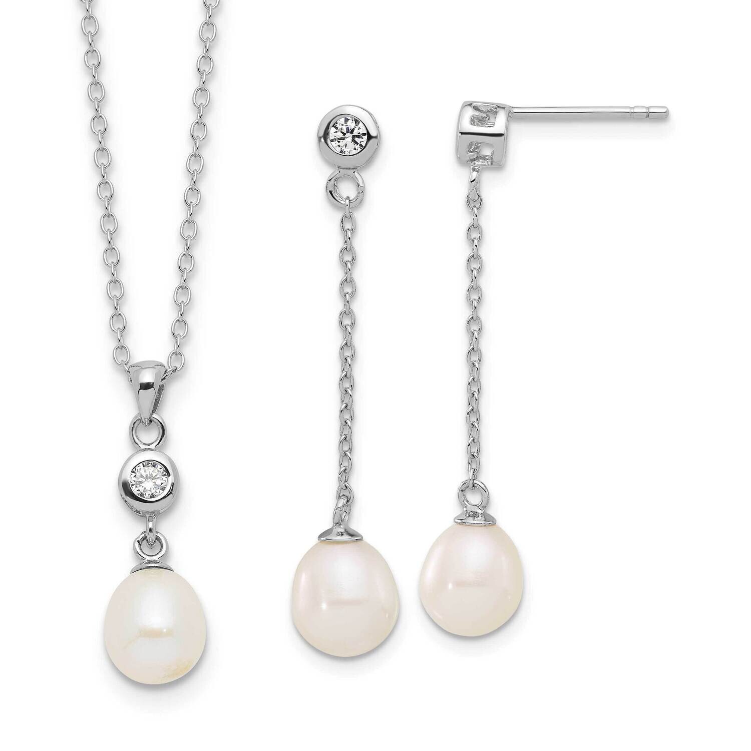Rh-Plated 7-8mm Fwc Pearl CZ 17 Inch Necklace Earrings Set Sterling Silver QH5815SET
