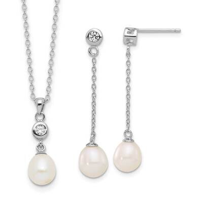 Rh-Plated 7-8mm Fwc Pearl CZ 17 Inch Necklace Earrings Set Sterling Silver QH5815SET, MPN: QH5815SE…
