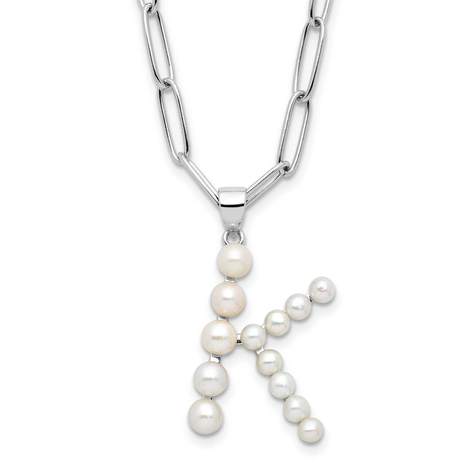 Rh-Plated 3-5.5mm Fwc Pearl Letter K 18 Inch Necklace Sterling Silver QH5808K-18, MPN: QH5808K-18,