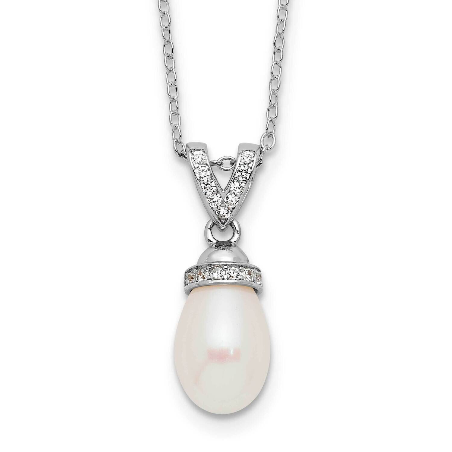Rh-Plated 8-9mm White Rice Fwc Pearl CZ 17 Inch Necklace Sterling Silver QH5802-17, MPN: QH5802-17,