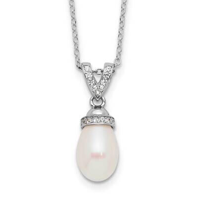 Rh-Plated 8-9mm White Rice Fwc Pearl CZ 17 Inch Necklace Sterling Silver QH5802-17, MPN: QH5802-17,