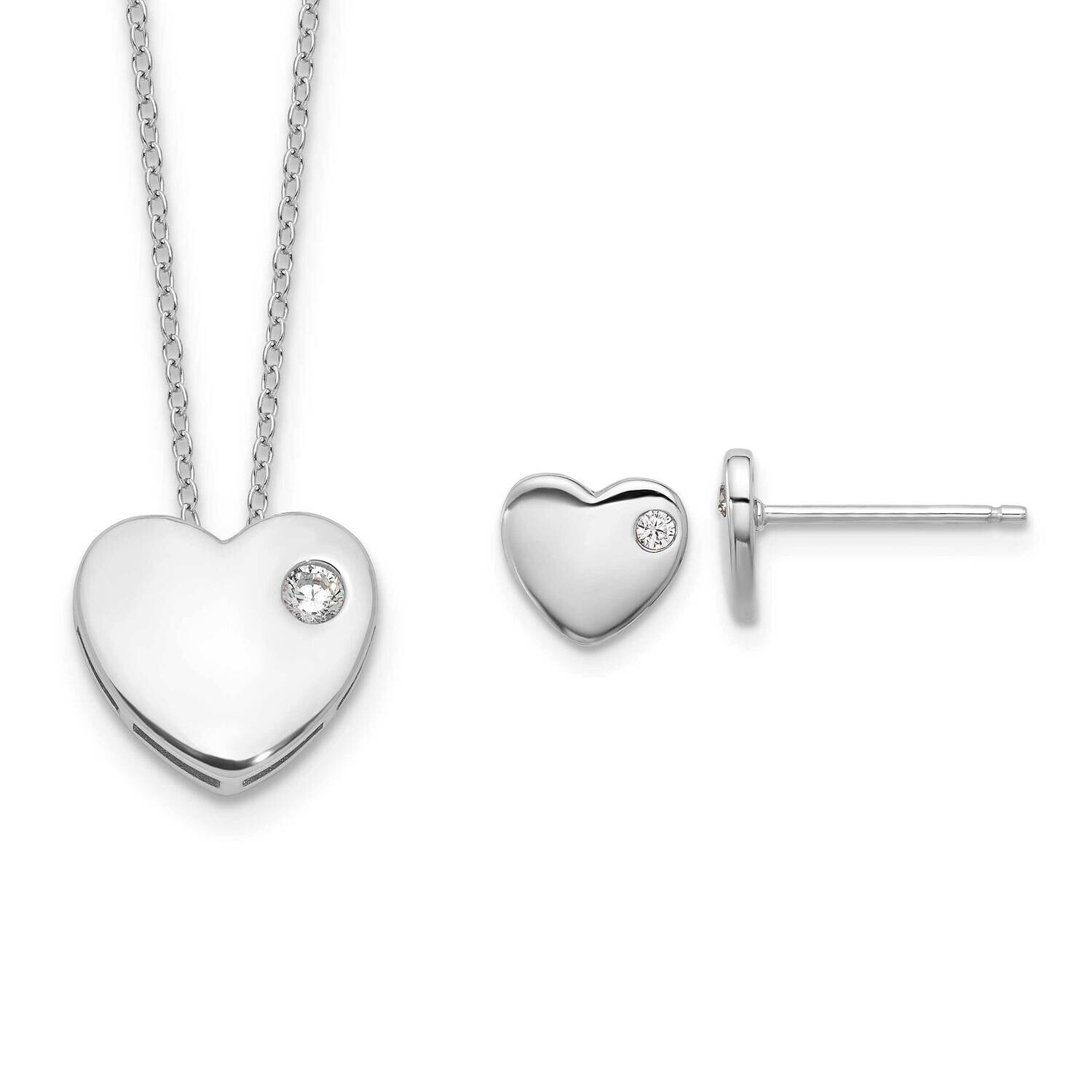Rh-Plated CZ Heart 18 Inch Necklace Post Earring Set Sterling Silver QG6703SET, MPN: QG6703SET,