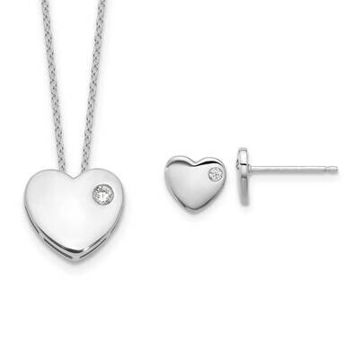 Rh-Plated CZ Heart 18 Inch Necklace Post Earring Set Sterling Silver QG6703SET, MPN: QG6703SET,