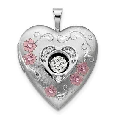Rh-Pltd Satin Polish Enamel 20mm Vibrant CZ Heart Locket Sterling Silver QLS882, MPN: QLS882,