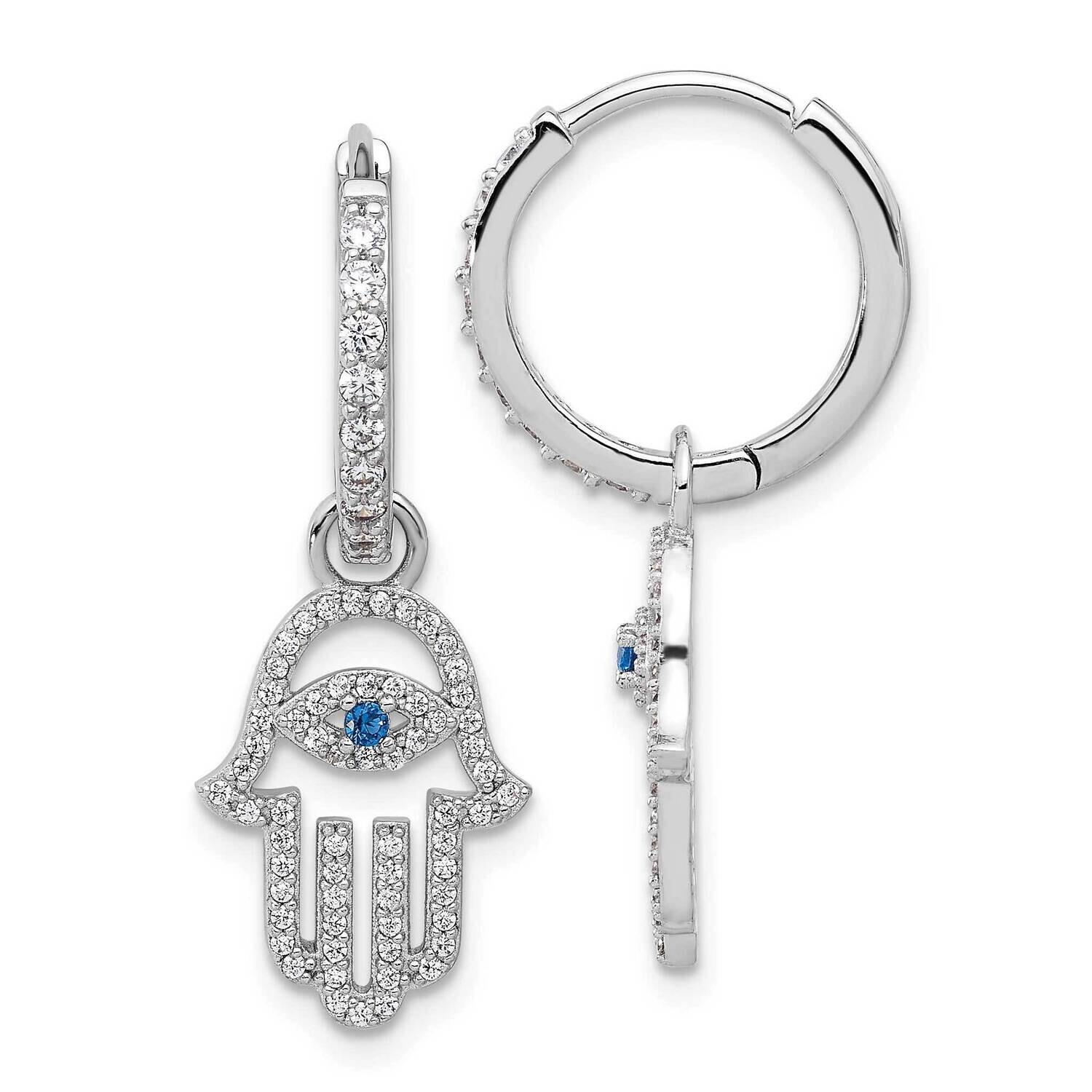 Rh-Pltd Blue White CZ Evil Eye Hamsa Dangle Hoop Earrings Sterling Silver QE17704, MPN: QE17704,