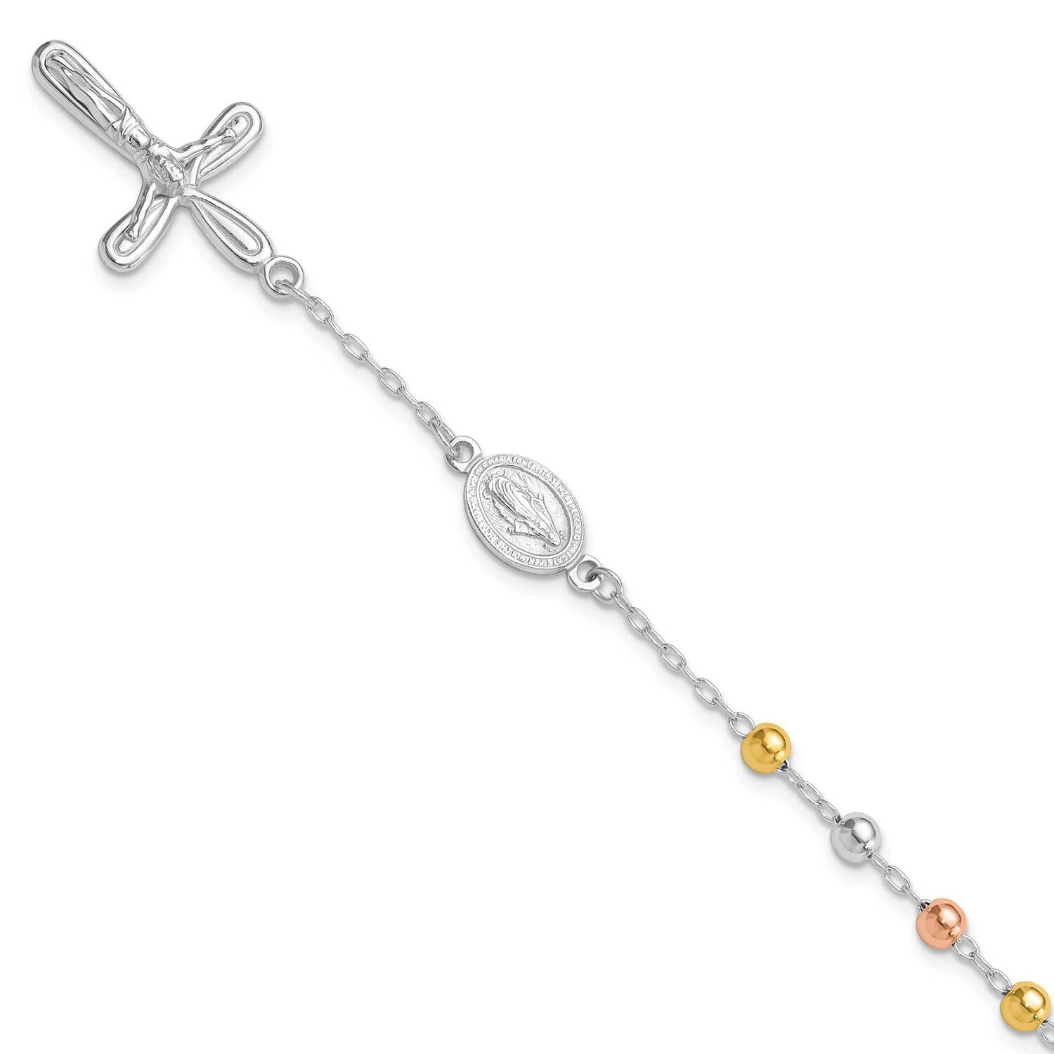 Rh-Plated Rose Gold-Tone Cross Rosary Bracelet 7.5 Inch Sterling Silver QG6384-7.5