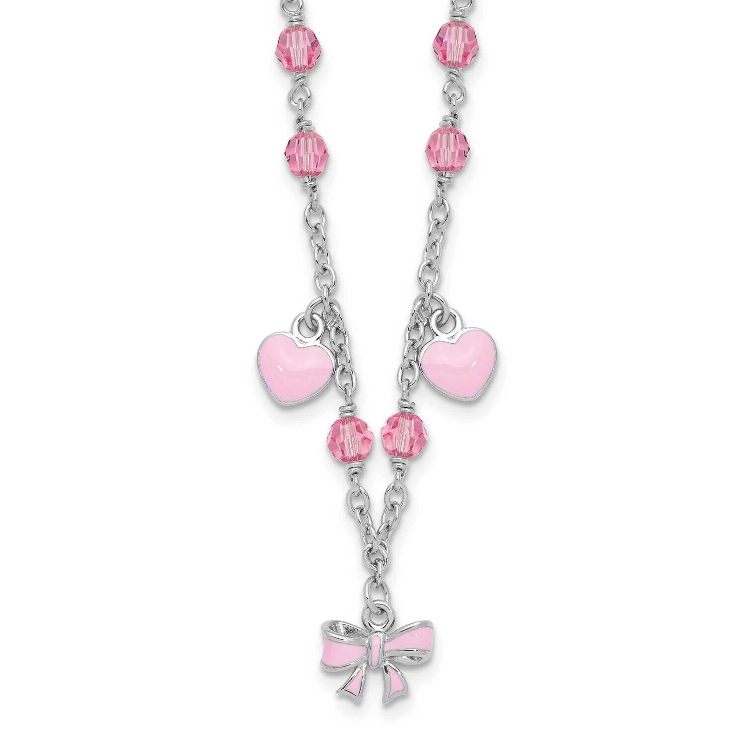 Polished Pink Enamel &amp; Crystal Hearts &amp; Bow 1 Inch Extension Children&#39;s Necklace Sterling Silver Rh…