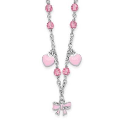 Polished Pink Enamel &amp; Crystal Hearts &amp; Bow 1 Inch Extension Children&#39;s Necklace Sterling Silver Rh…