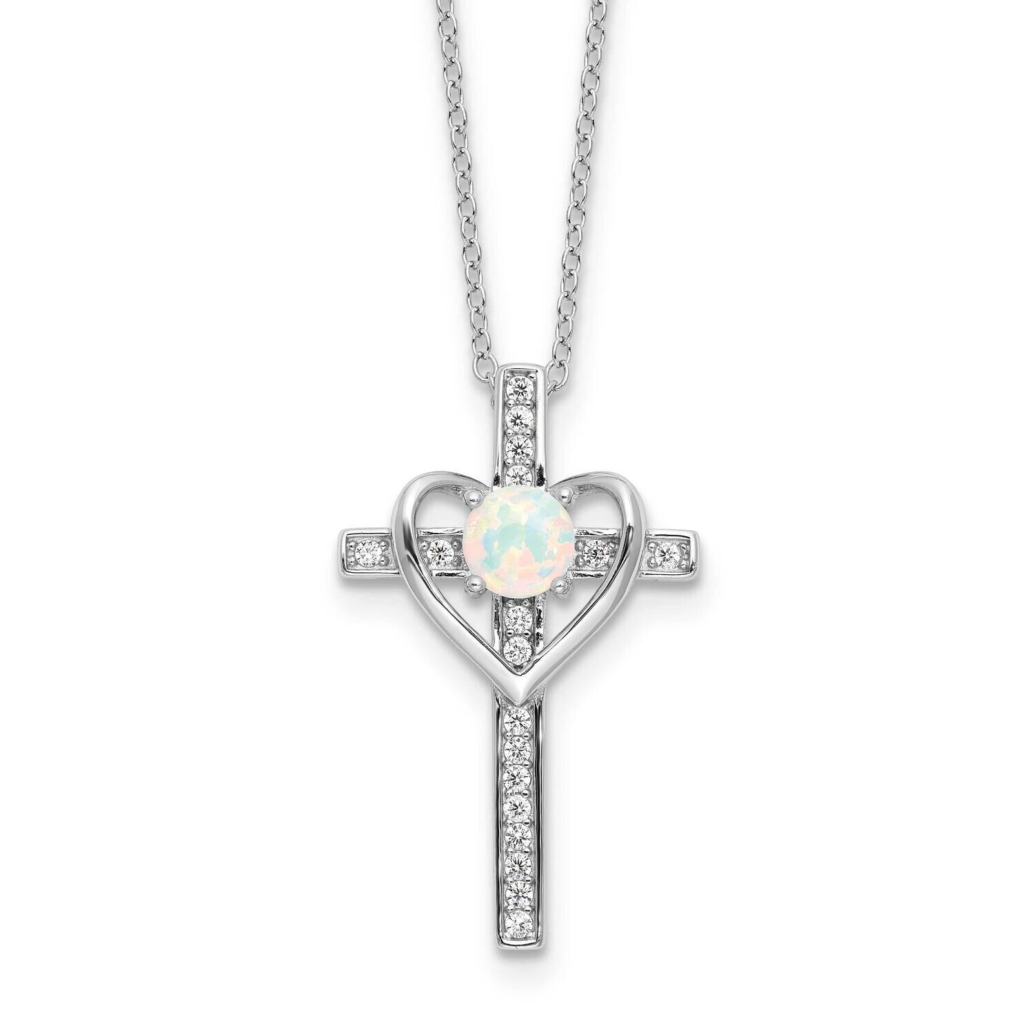 Rh-Plated Created Opal CZ Cross Heart 18 Inch Necklace Sterling Silver QG6575-18, MPN: QG6575-18,