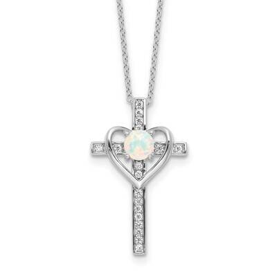 Rh-Plated Created Opal CZ Cross Heart 18 Inch Necklace Sterling Silver QG6575-18, MPN: QG6575-18,