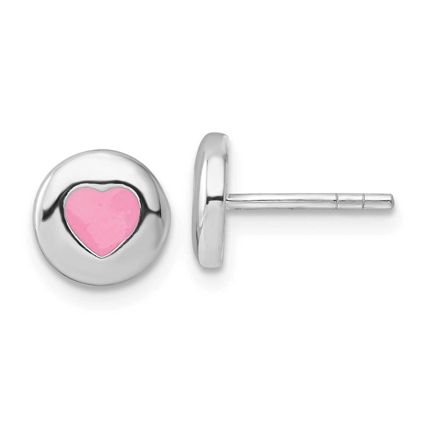 Pink Enameled Heart Circle Children's Post Earrings Sterling Silver Rhodium-Plated QE17717
