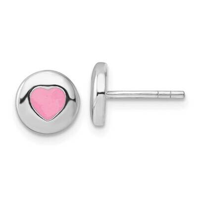 Pink Enameled Heart Circle Children&#39;s Post Earrings Sterling Silver Rhodium-Plated QE17717, MPN: QE…