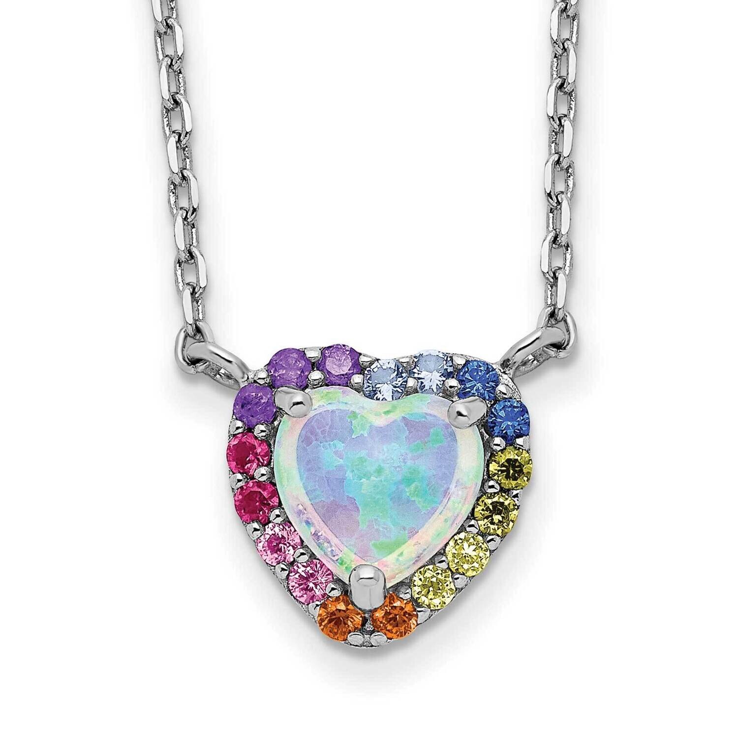 16 Inch Lab Created Opal Colorful CZ Heart Necklace 2 Inch Extender Sterling Silver Rhodium-Plated …