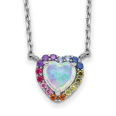 16 Inch Lab Created Opal Colorful CZ Heart Necklace 2 Inch Extender Sterling Silver Rhodium-Plated …