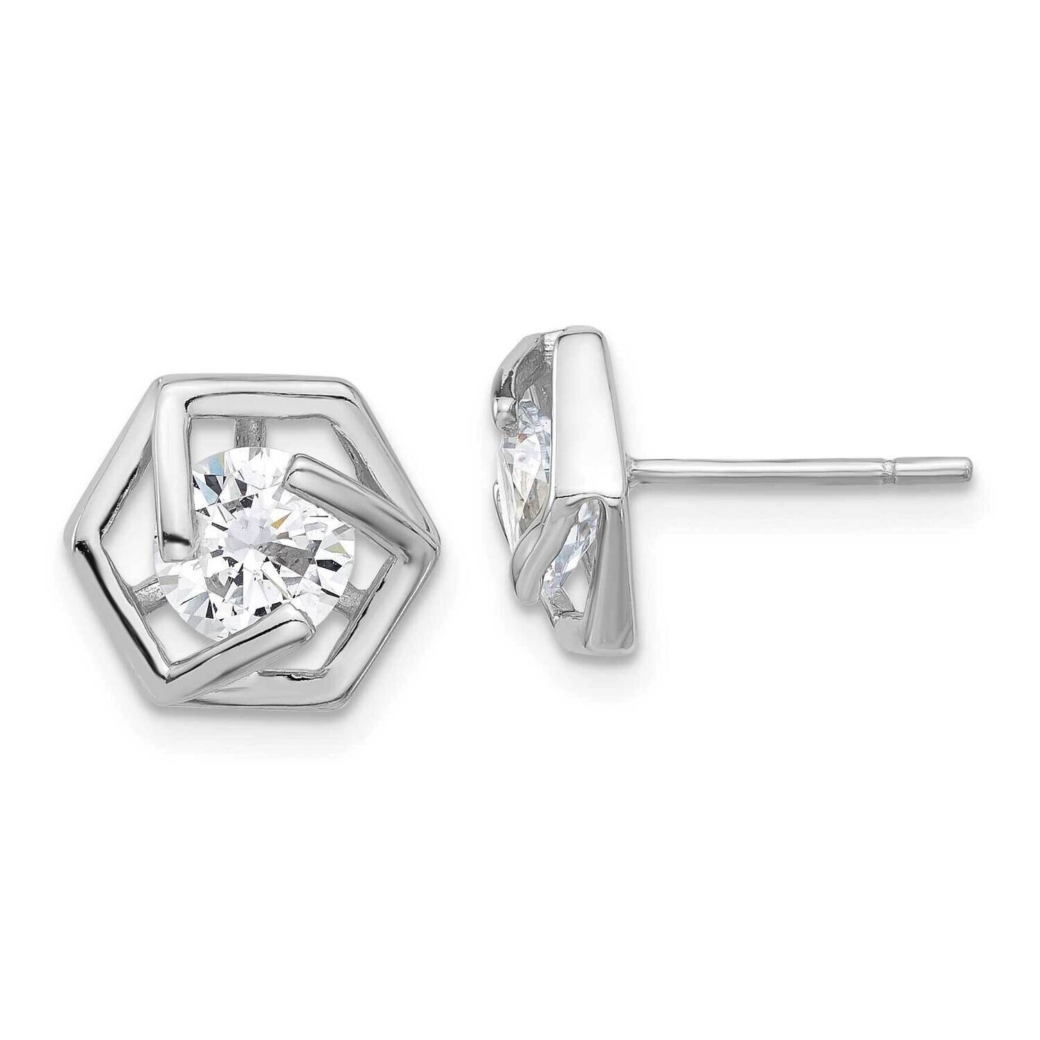 Polished CZ Hexagon Post Earrings Sterling Silver Rhodium-Plated QE17130, MPN: QE17130,