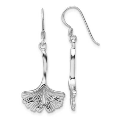 Rhod-Plated Polished Grooved Ginkgo Leaf Dangle Earrings Sterling Silver QE17648, MPN: QE17648,