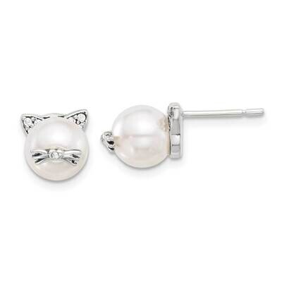 Antiqued CZ Syn. Pearl Cat Post Earrings Sterling Silver Polished QE17583, MPN: QE17583,