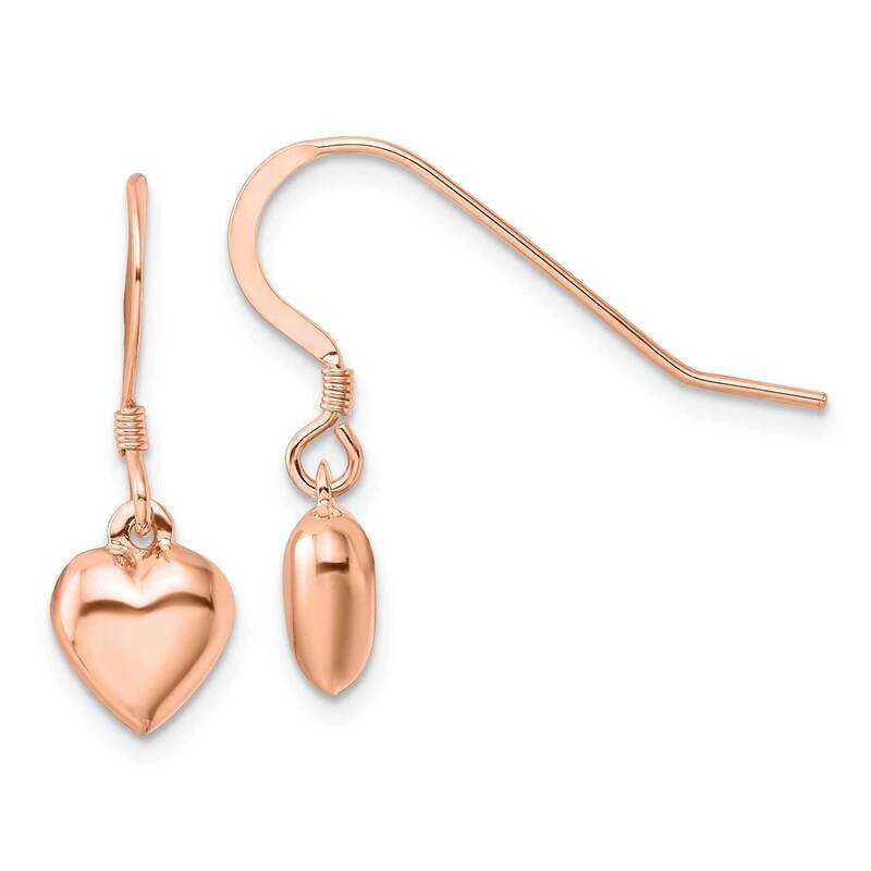 Rose-Tone Puffed Heart Dangle Shepherd Hook Earrings Sterling Silver QE4204RP, MPN: QE4204RP,