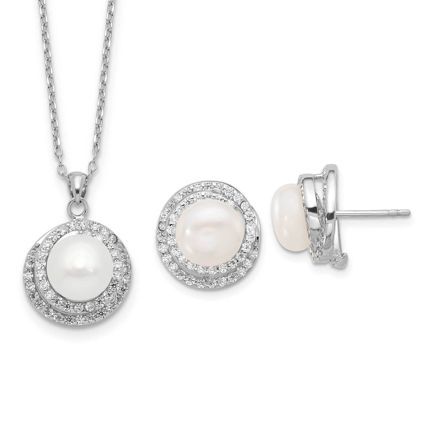 Rh-Plated Fwc Pearl CZ 17 Inch Necklace Post Earrings Set Sterling Silver QH5822SET
