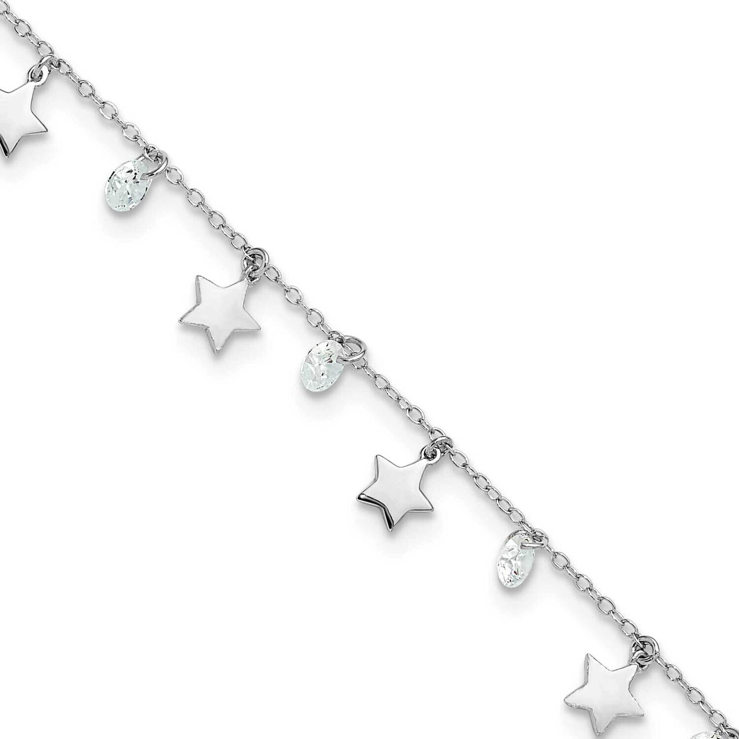 Rh-Plated Polished Satin Stars CZ 9 Inch Plus 1 Inch Extension Anklet  Sterling Silver QG6304-9, MP…