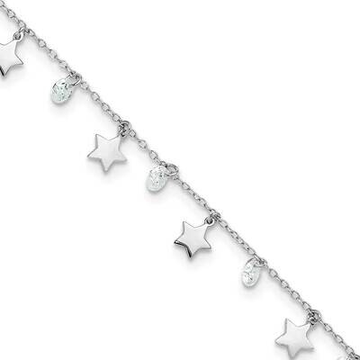 Rh-Plated Polished Satin Stars CZ 9 Inch Plus 1 Inch Extension Anklet  Sterling Silver QG6304-9, MP…