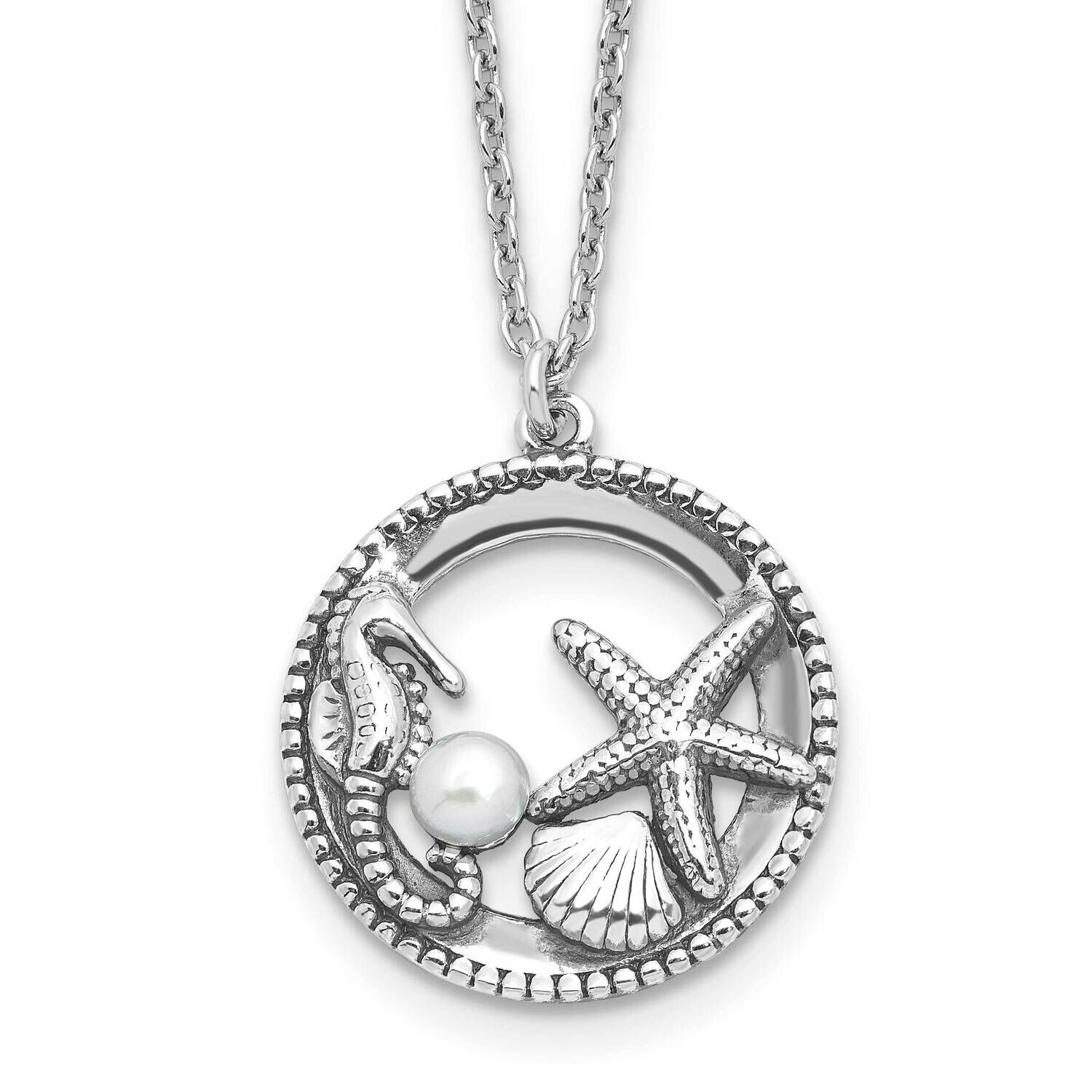 Rh-Plated Oxidized Mop Sea Life 2 Inch Extension Necklace Sterling Silver QG6685-16
