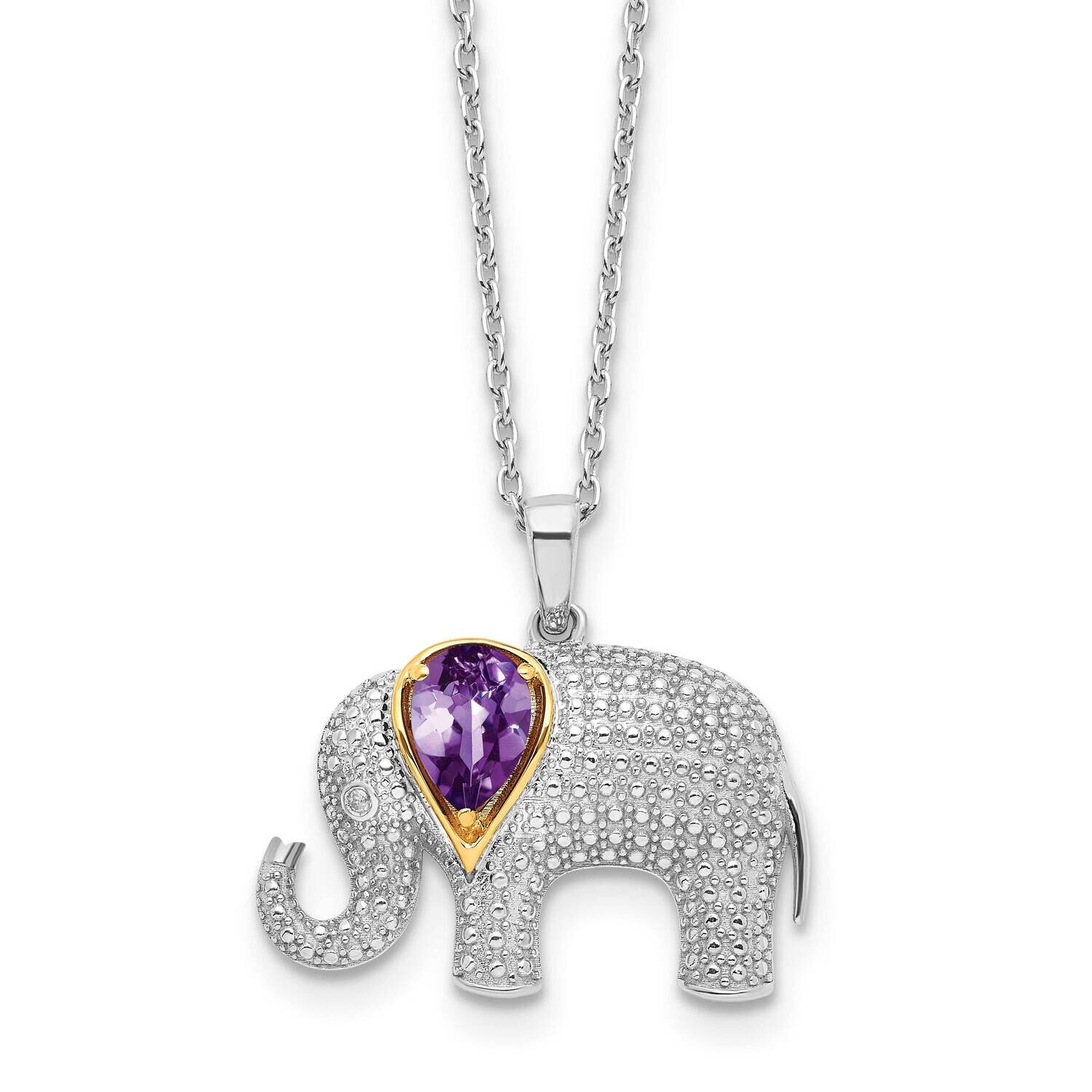 Brilliant Gemstones Sterling Silver Accent Rhodium-Plated Amethyst Diamond Elephant 18 Inch Necklac…