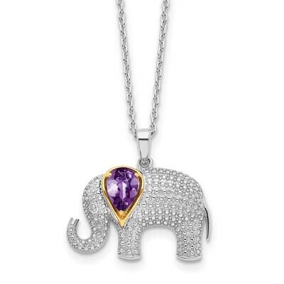 Brilliant Gemstones Sterling Silver Accent Rhodium-Plated Amethyst Diamond Elephant 18 Inch Necklac…