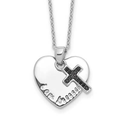 Black Spinel Cross Heart 18 Inch Necklace Sterling Silver Rhodium-Plated QG6587-18, MPN: QG6587-18,