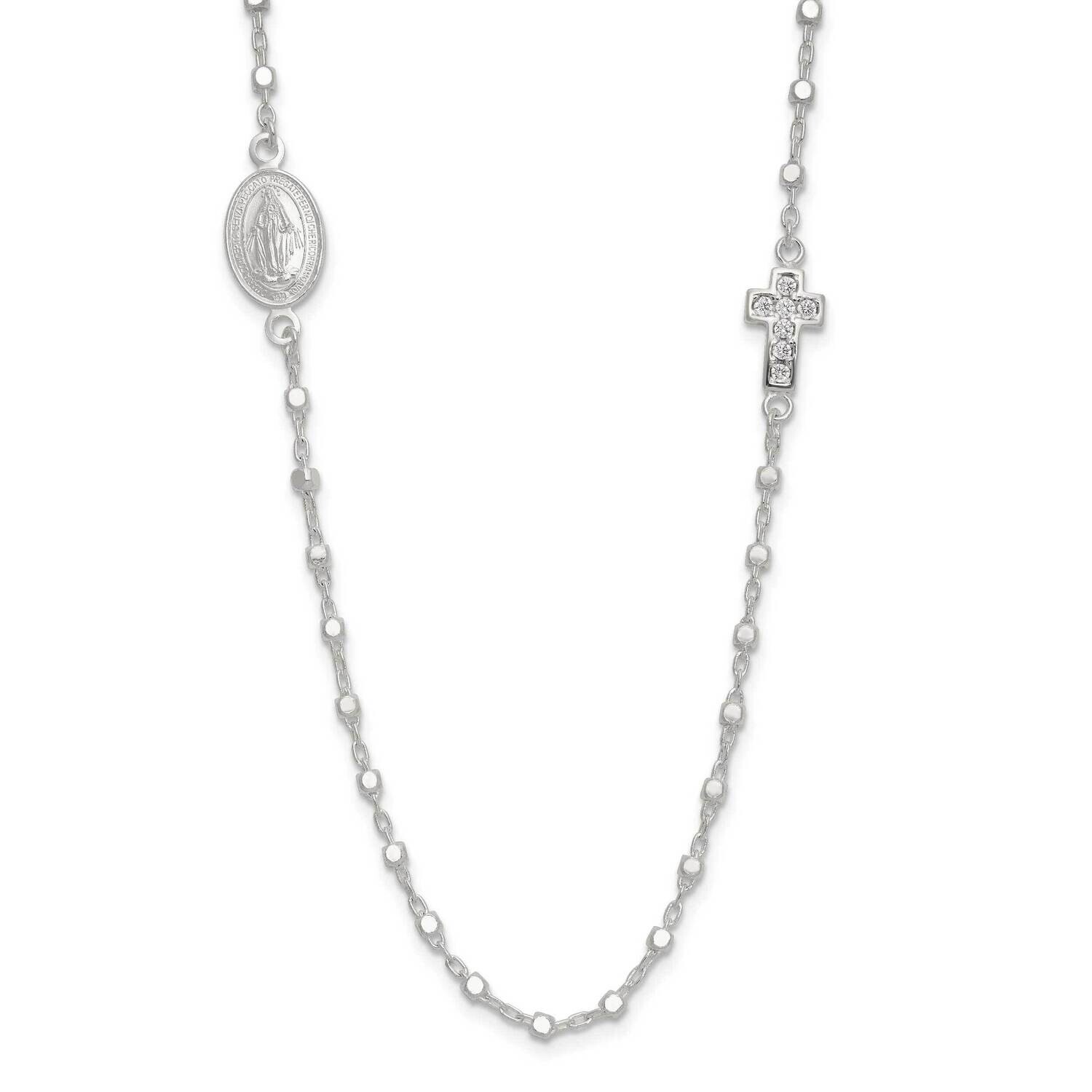 CZ Cross Miraculous Medal 18 Inch Necklace Sterling Silver Polished QG6563-18, MPN: QG6563-18,