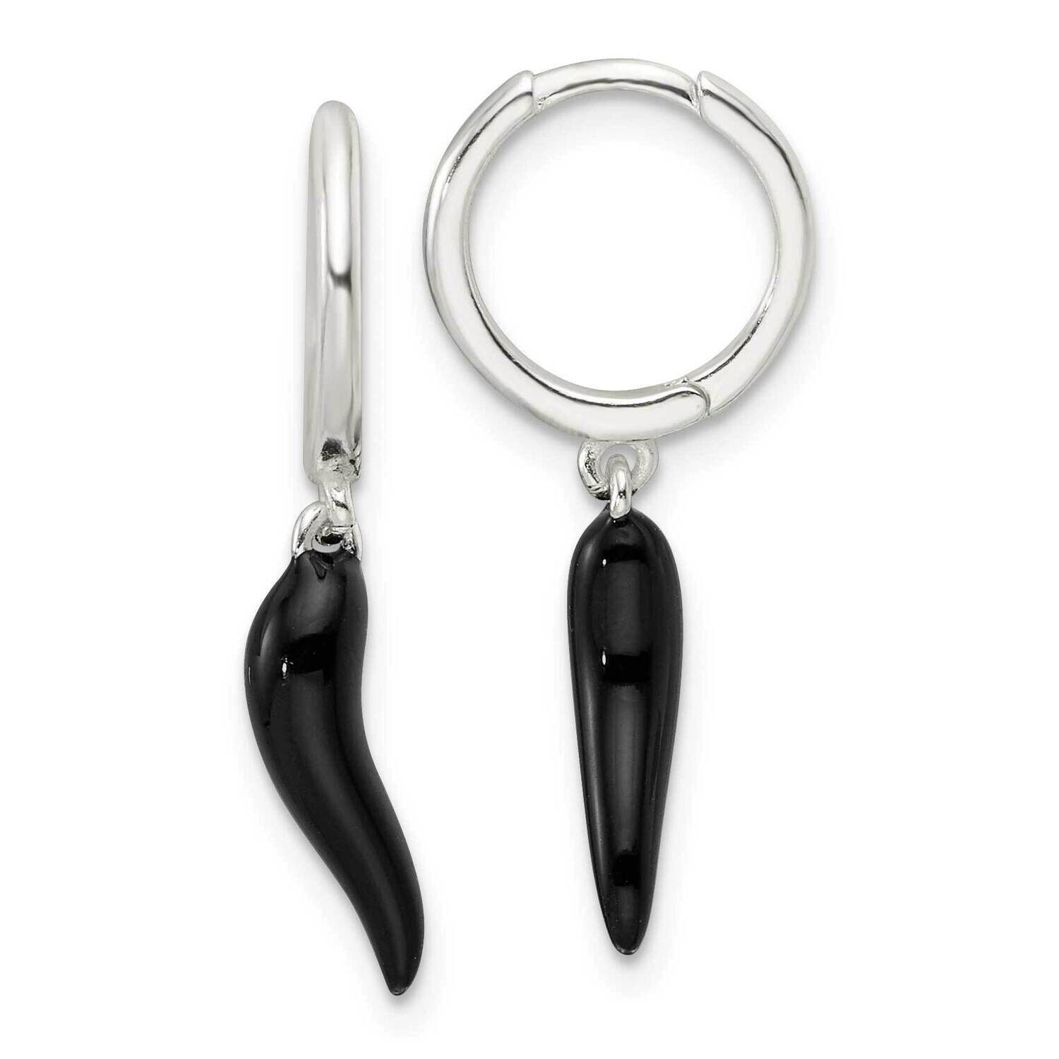 E-Coating Black Enamel Italian Horn Dangle Earrings Sterling Silver QE17598, MPN: QE17598,