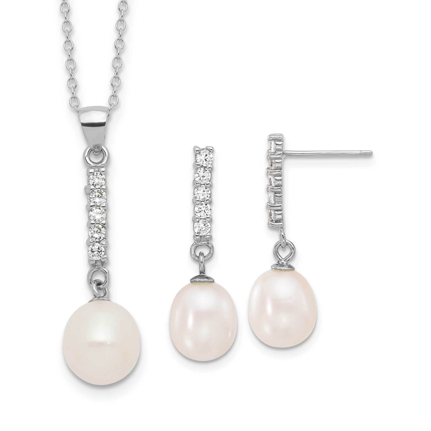 Rh-Plated Fwc Pearl CZ 17 Inch Necklace Post Earrings Set Sterling Silver QH5813SET, MPN: QH5813SET,