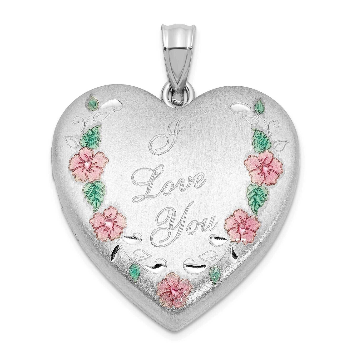 Rh-Plated Satin Epoxy I Love You Floral 24mm Heart Locket Sterling Silver QLS1120, MPN: QLS1120,